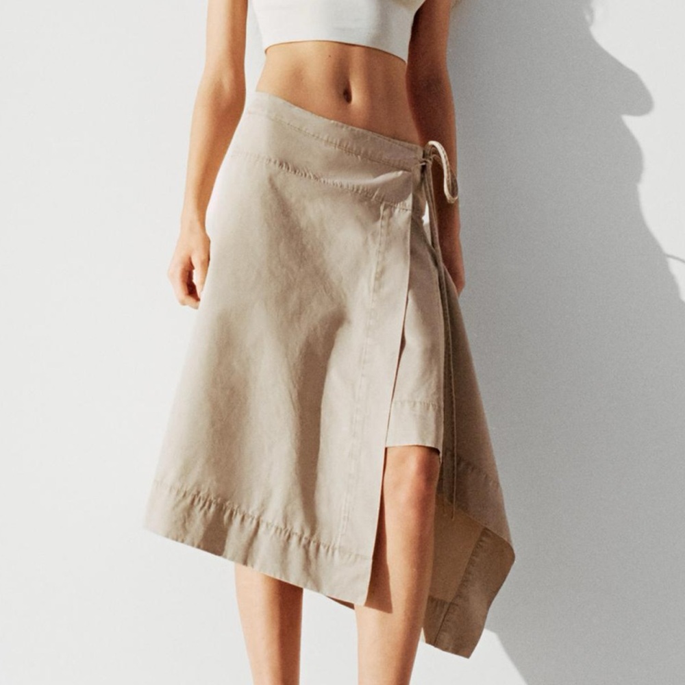 Zara Beige Asymmetric Wrap Midi Skirt